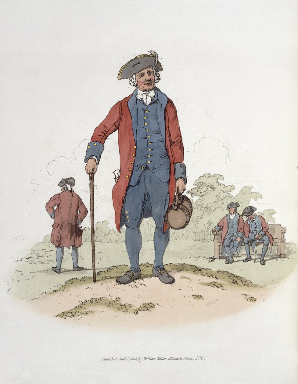 Chelsea Pensioner, julkaisusta Costume of Great Britain, julkaisija William Miller, 1805 tekijältä William Henry Pyne