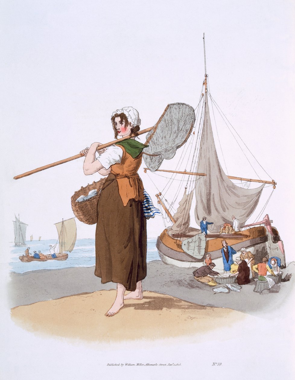 Female Shrimper, julkaisusta Costume of Great Britain, julkaisija William Miller, 1805 tekijältä William Henry Pyne