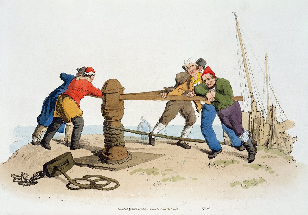 Fishermen at a Capstan, julkaisusta Costume of Great Britain, julkaisija William Miller, 1805 tekijältä William Henry Pyne