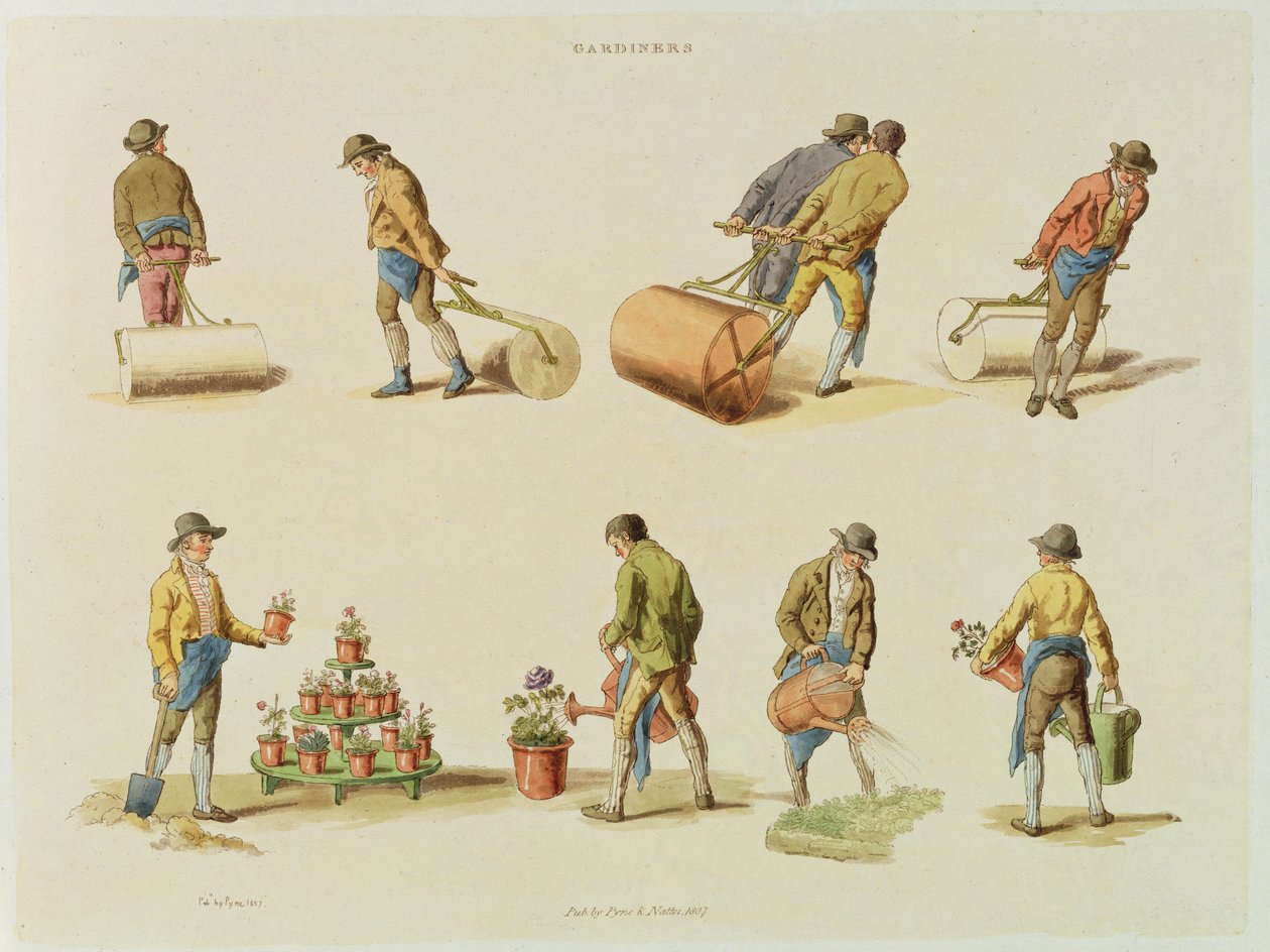 Gardeners, vol.2, levy 97, Microcosm, painatus J. Hill, 1808 (käsinvärinen akvatinta) tekijältä William Henry Pyne