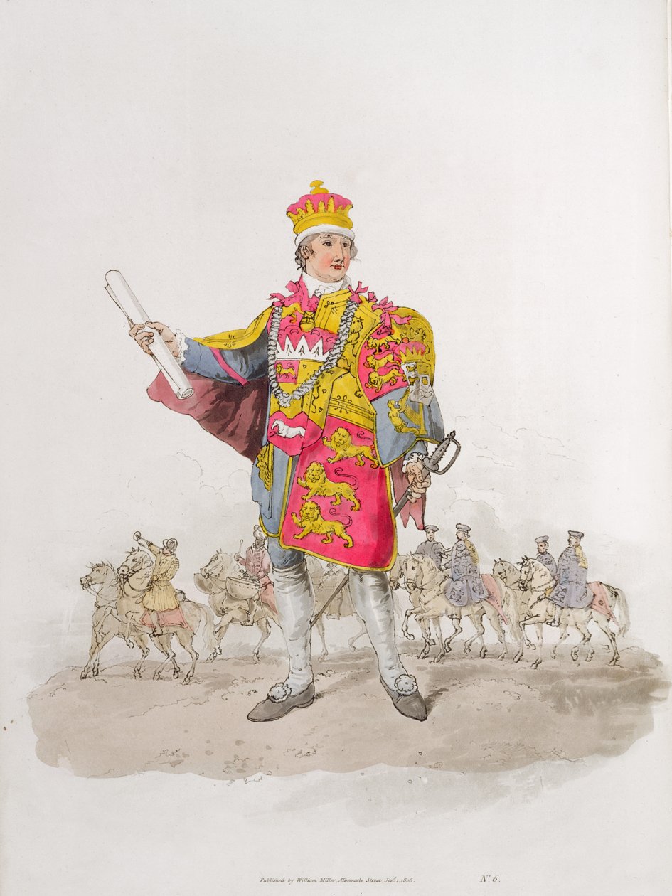 Herald, julkaisusta "Costume of Great Britain", kustantaja William Miller, 1805 tekijältä William Henry Pyne