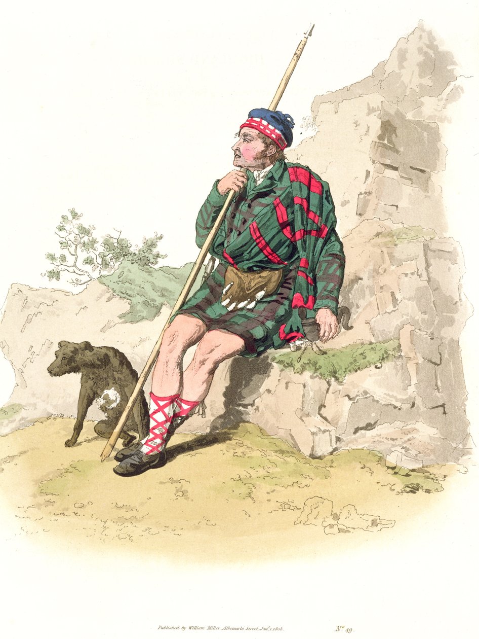 Highland Shepherd, William Millerin julkaisemasta Costume of Great Britain -kirjasta, 1805 tekijältä William Henry Pyne