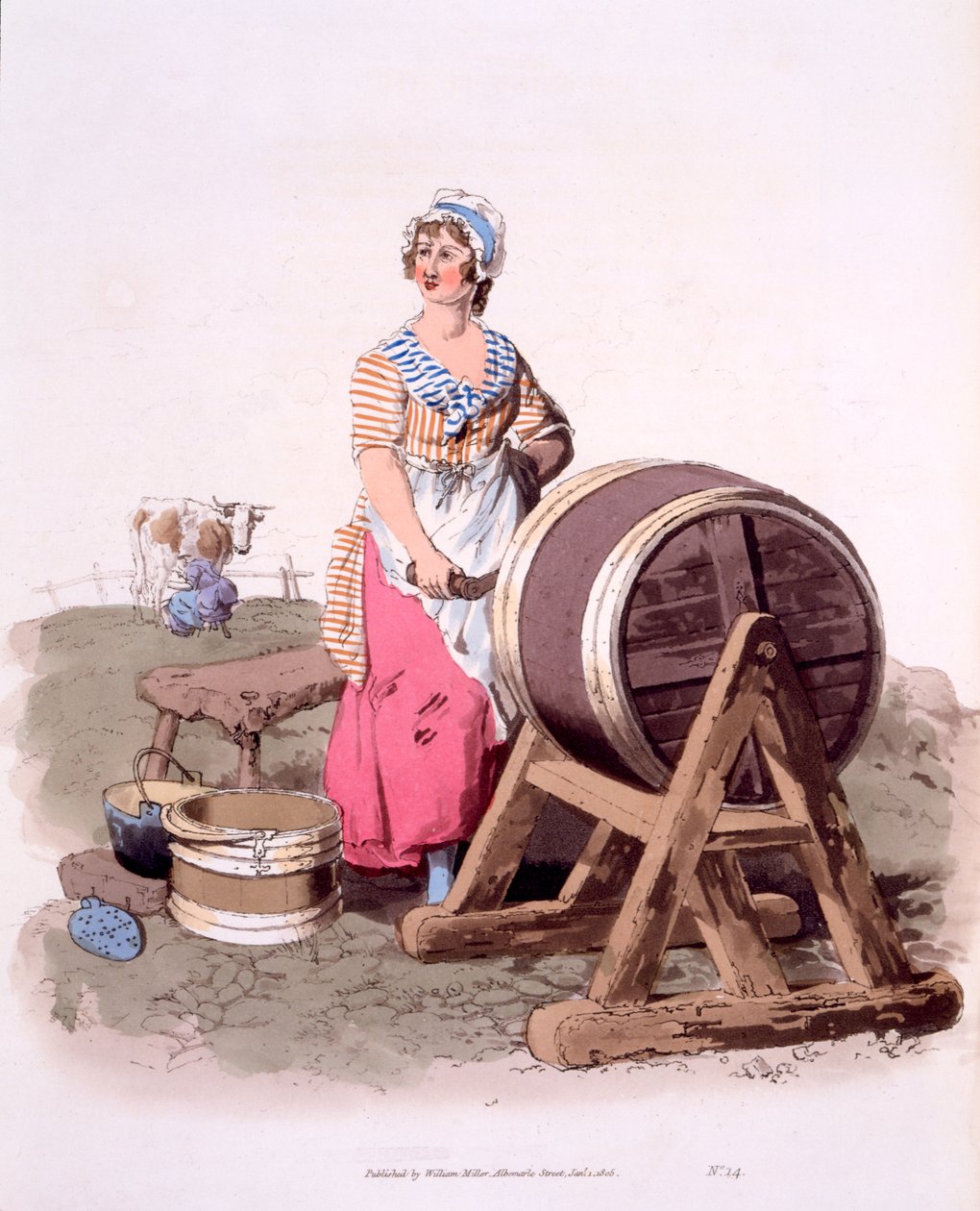 Milkmaids, elokuvasta The Costumes of Great Britain; Harvinainen ja vakuuttava näkemys työväenluokista, 1808 tekijältä William Henry Pyne