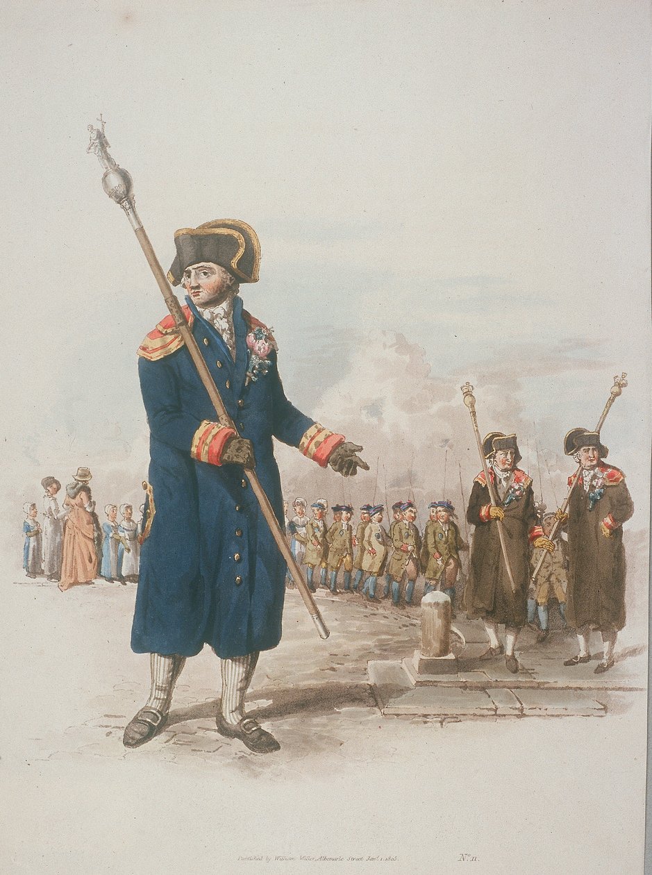 Parish Beadle kansalaisasussa sauva kädessään, 1805 tekijältä William Henry Pyne