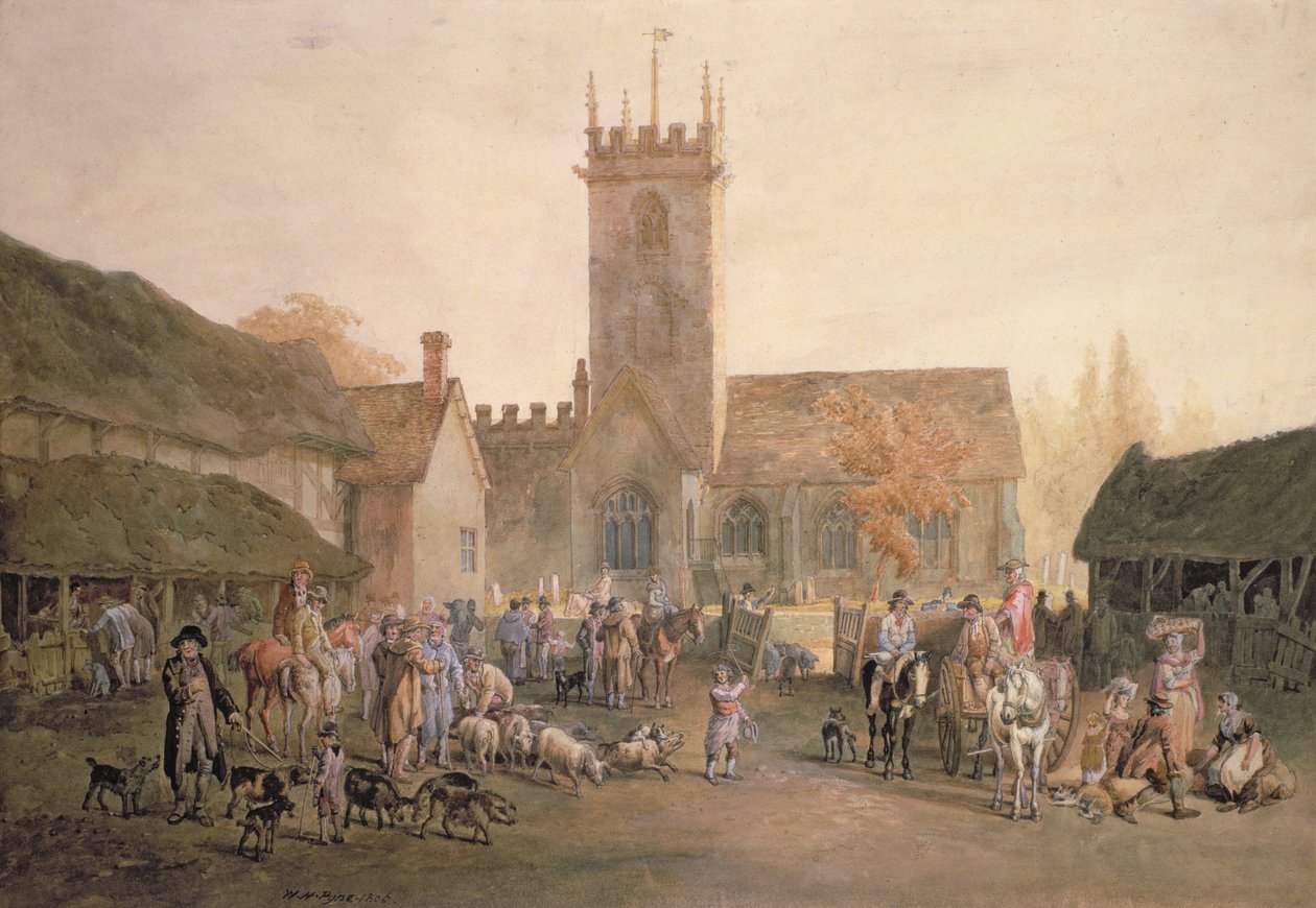 Sikamarkkinat Fountain Innin pihalla, Bedford, 1806 (lyijykynä, wc ja bodycolour) tekijältä William Henry Pyne