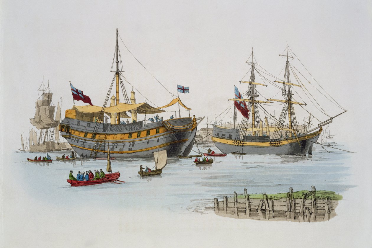 Prison Ships, julkaisusta Costume of Great Britain, julkaisija William Miller, 1805 tekijältä William Henry Pyne