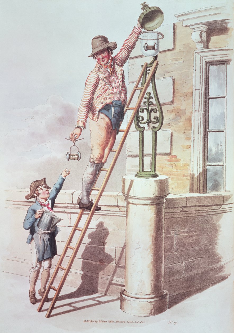 Lampunsytytin julkaisusta Costume of Great Britain, 1805 (tulostus) tekijältä William Henry Pyne