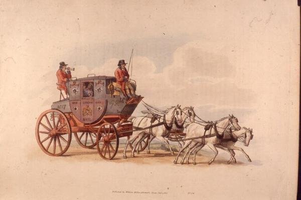 Lontoon ja Worcesterin kuninkaallinen postivalmentaja "Ison-Britannian puku" (tulostus) tekijältä William Henry Pyne