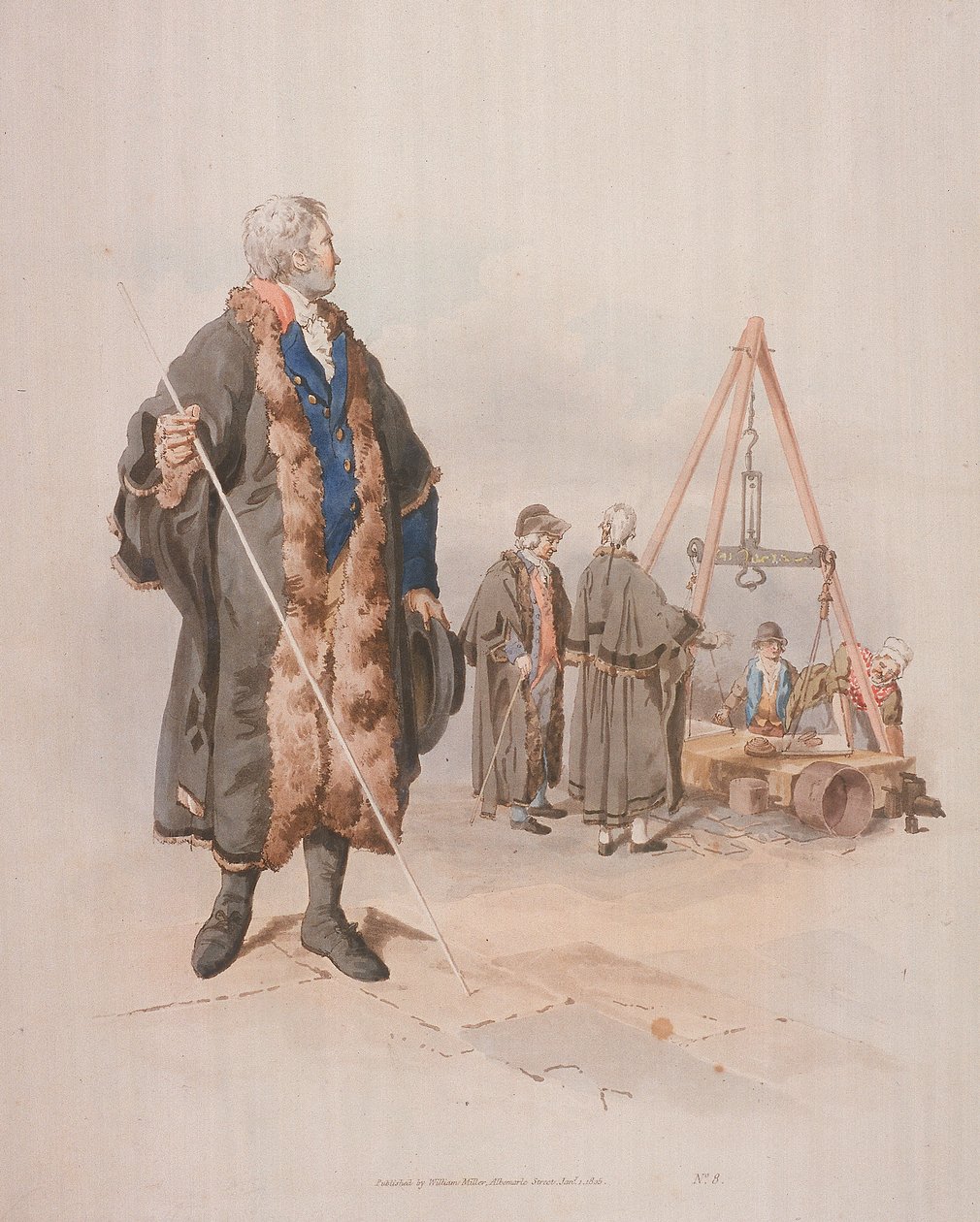Ward Beadle kansalaisasussa, kädessään sauva Wardmote Inquestissa, 1805 tekijältä William Henry Pyne