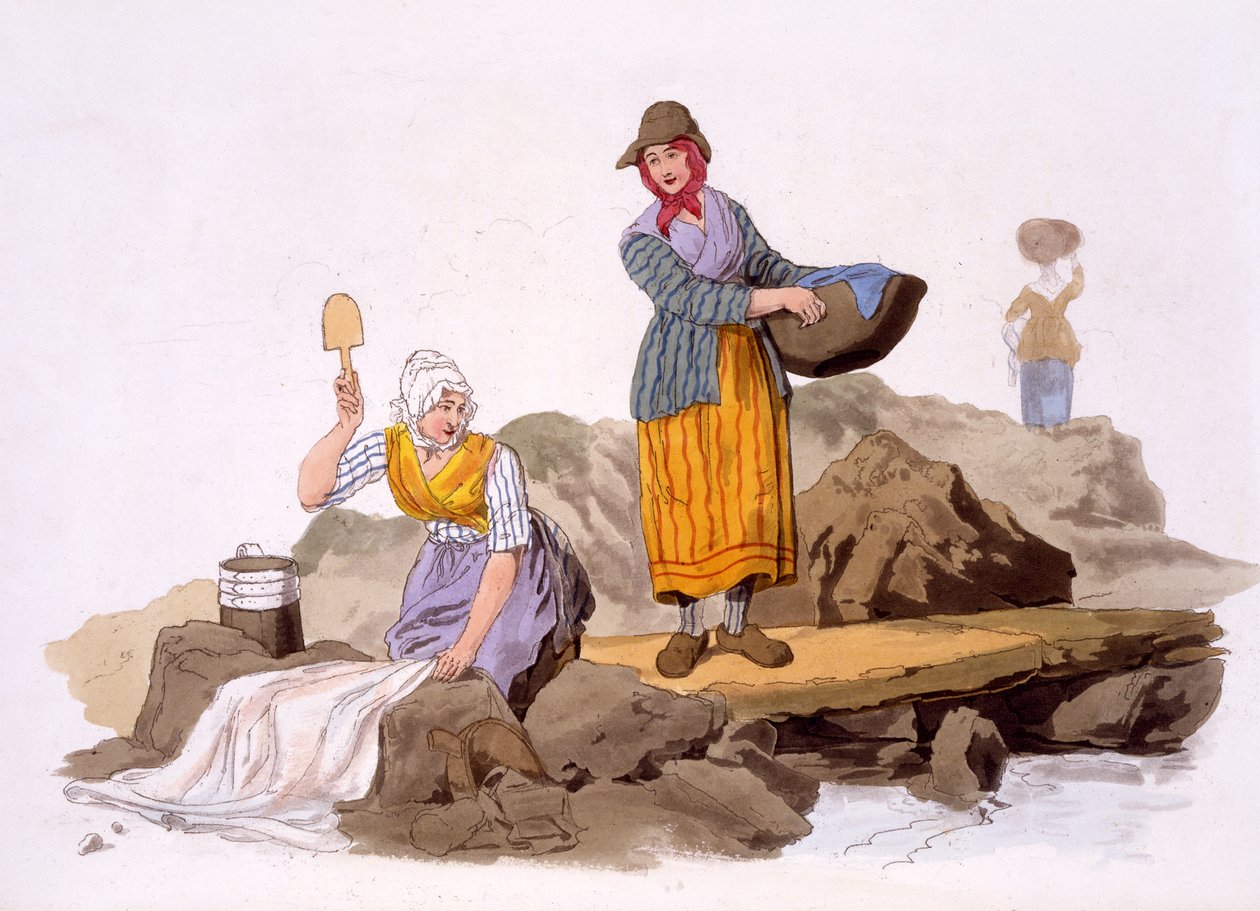 Washerwomen, pubista The Costumes of Great Britain. kirjoittanut Henry Miller, 1805 (käsinvärinen printti) tekijältä William Henry Pyne