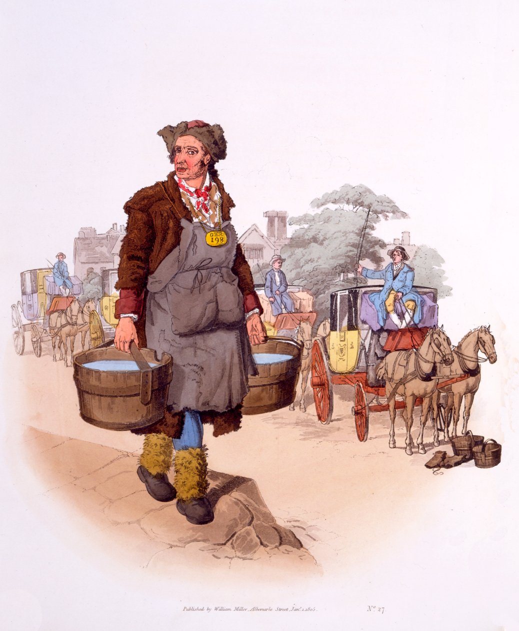 Watercarrier lisenssillä GR 198 (Georgius Rex), teoksesta The Costumes of Great Britain; Harvinainen ja vakuuttava näkemys työväenluokista työssä