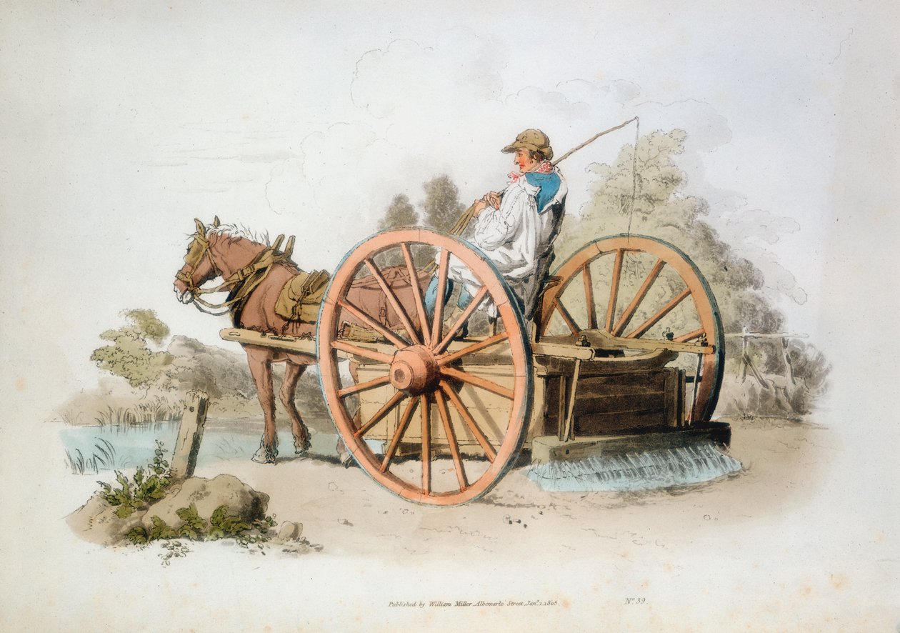 Kastelukärry teiden pölyn pitämiseen, 1808 tekijältä William Henry Pyne