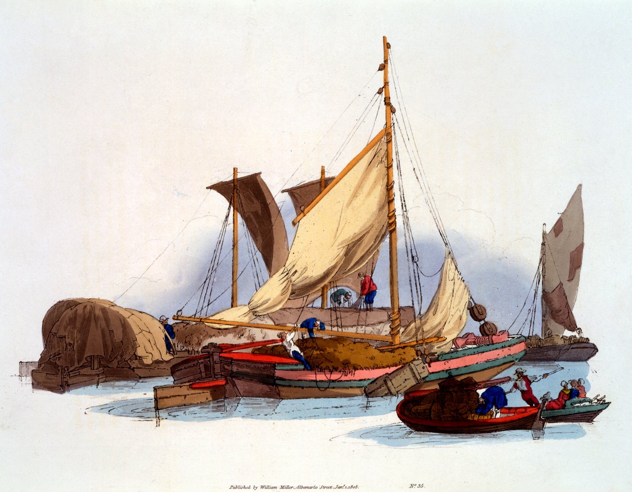 Waterman and Bargemen kuljettamassa tavaroita ja matkustajia, 1808 tekijältä William Henry Pyne