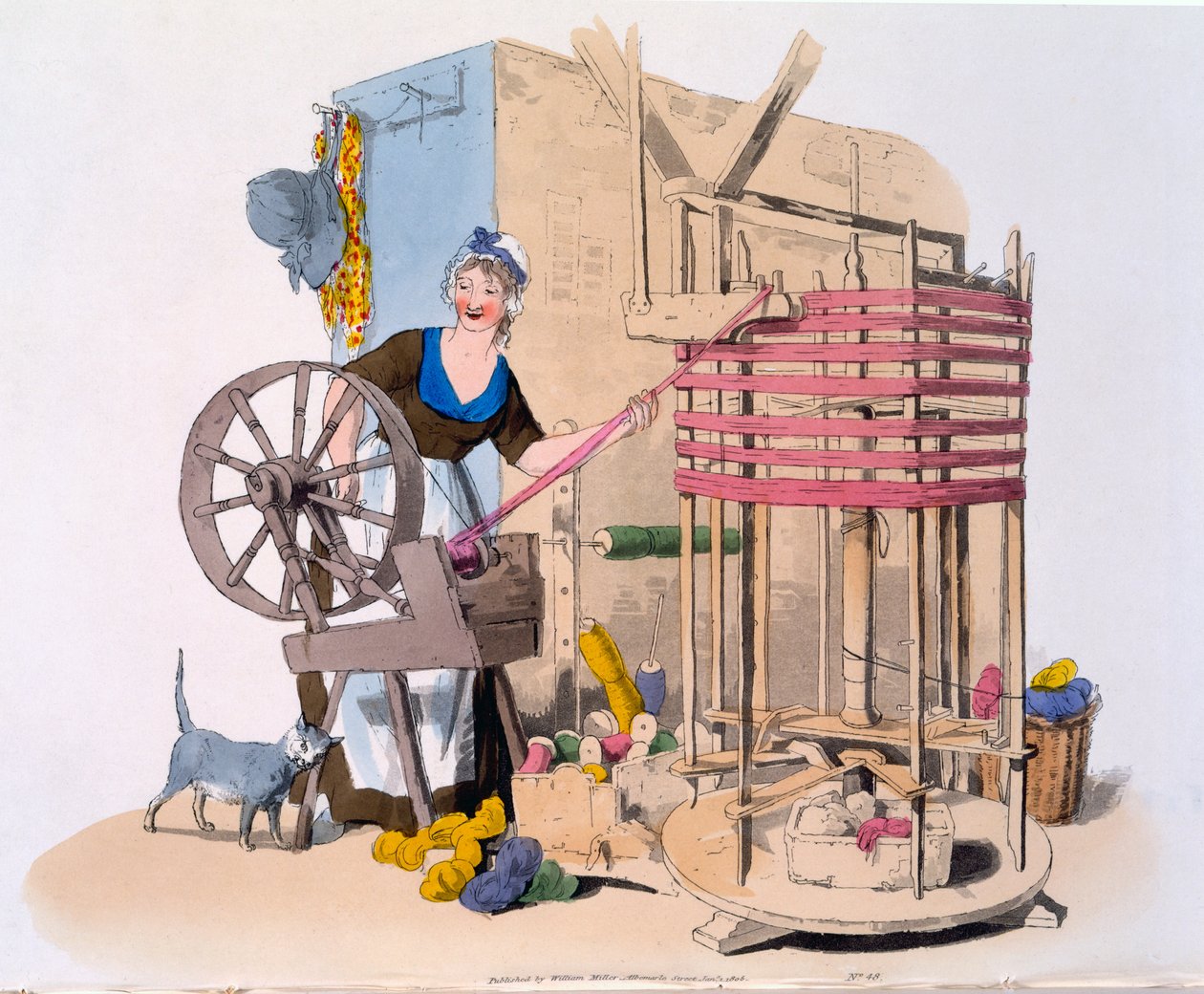 Nainen kehräämässä villaa pyörivälle vyyhtikoneelle, 1808 (käsinvärinen akvatinta) tekijältä William Henry Pyne