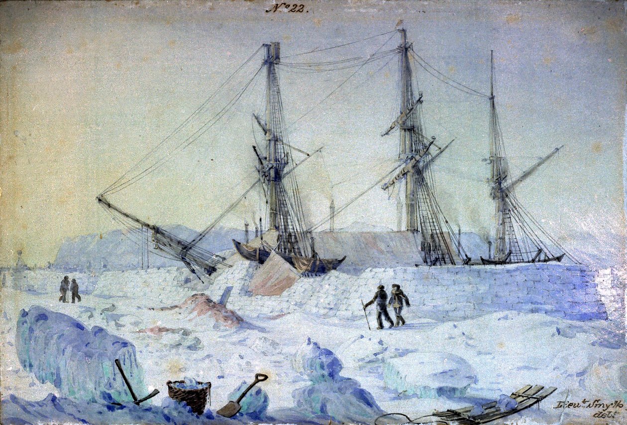 "N:o 22 on näkymä aluksen paapuurin puolelta auringonnousun vaikutuksesta helmikuussa 1837 ja osoittaa lumivallien tilan tuolloin". tekijältä William Henry Smyth