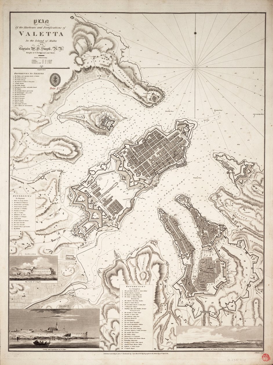 Maltan saarella sijaitsevan Valettan satamien ja linnoitusten suunnitelma, noin 1821 (kaiverrus). tekijältä William Henry Smyth