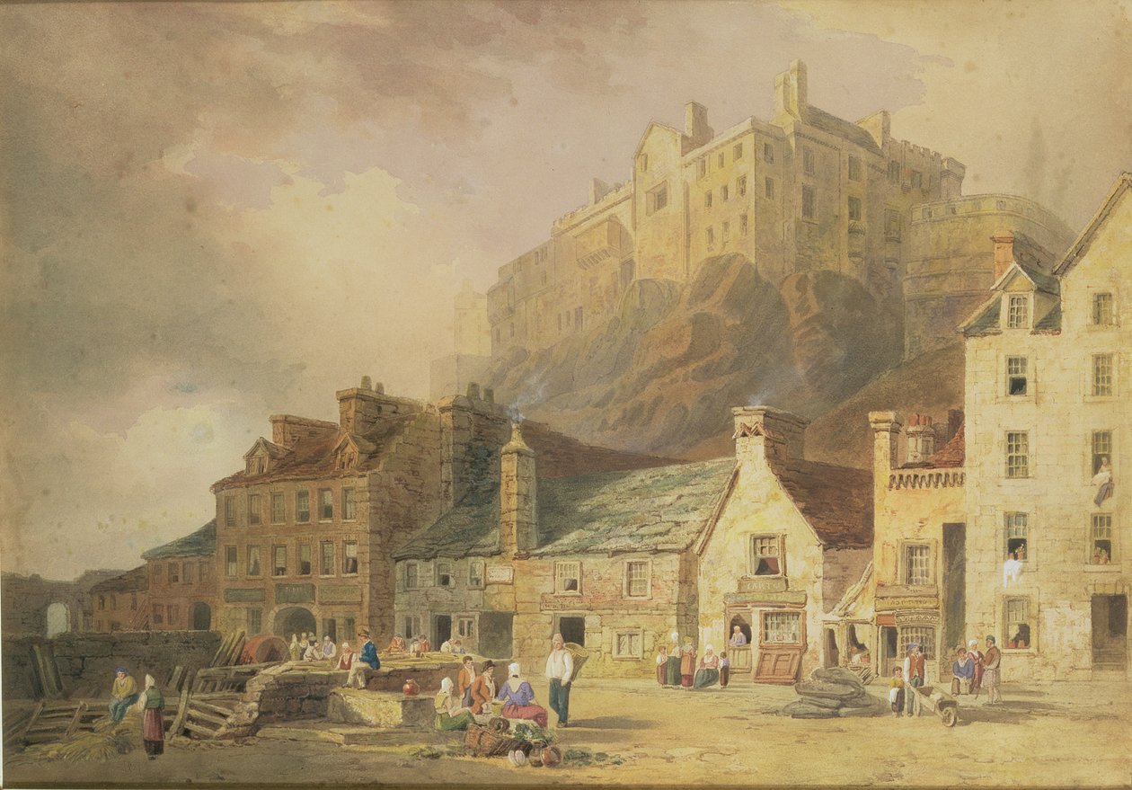 Edinburghin linna Grass Marketista, jossa näkyy Little West Port, n. 1820 (wc ja seepia) tekijältä William Henry Stothard