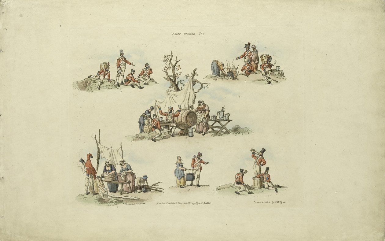 Leirikohtaukset, 1803 (värillinen etsaus) tekijältä William Henry after Pyne