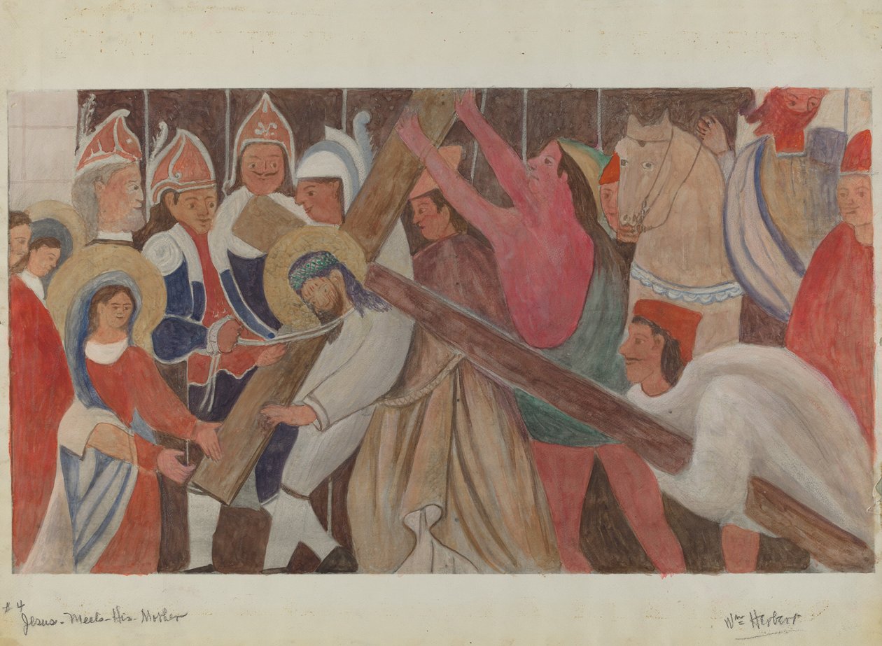 Ristin asema nro 4: Jeesus tapaa äitinsä, n. 1936. tekijältä William Herbert