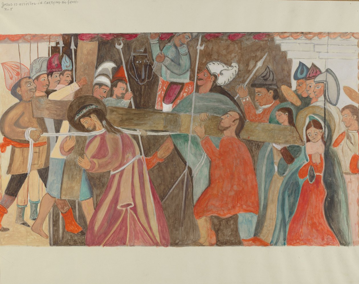 Ristin asema nro 5: Jeesusta autetaan kantamaan ristiään, n. 1936. tekijältä William Herbert