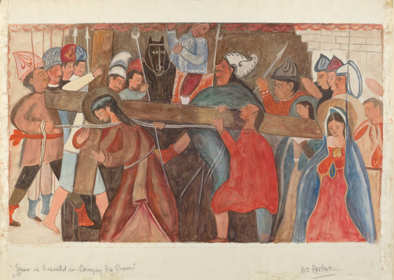 Ristin asema nro 5: Jeesusta autetaan kantamaan ristiään, n. 1936. tekijältä William Herbert