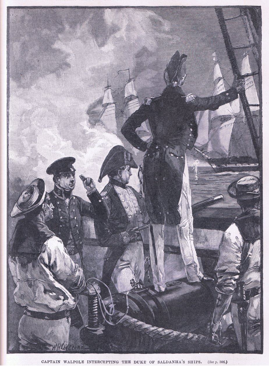 Kapteeni Walpole sieppaamassa Duke of Saldanhan laivoja tekijältä William Heysham Overend