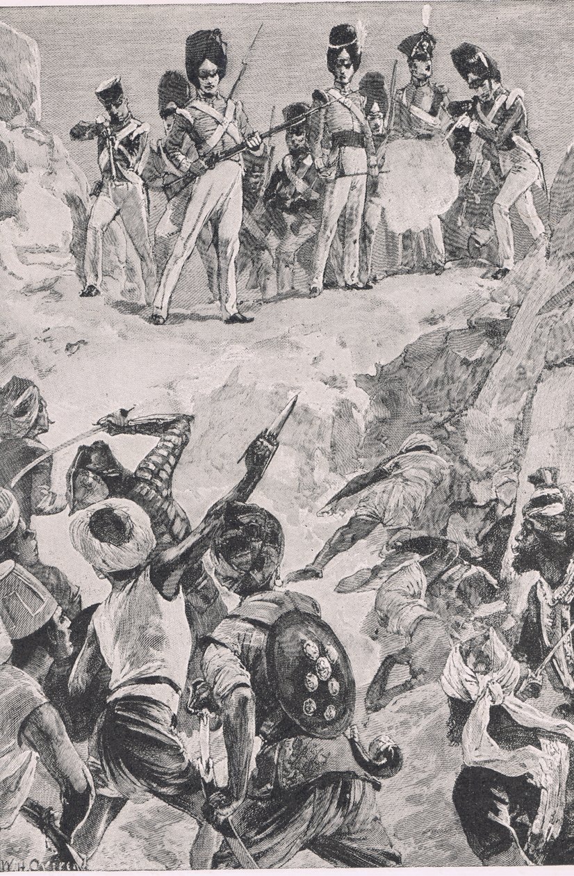 Carmichaelin seuraajat ampuivat salamaniskun tiheään miesjoukkoon: Bharatpurin taistelu 1826, kuvitus teoksesta British Battles on Land and Sea , 1915. tekijältä William Heysham Overend