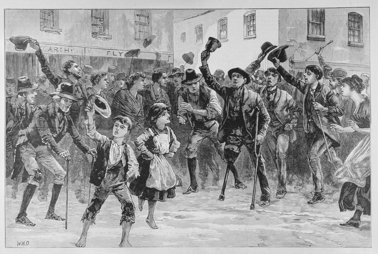 Iloitsemme Lord Randolph Churchillin nimen Loughreassa, kun Town Crier ilmoitti eroavansa, The Illustrated London Newsista, 8. tammikuuta 1887 tekijältä William Heysham Overend