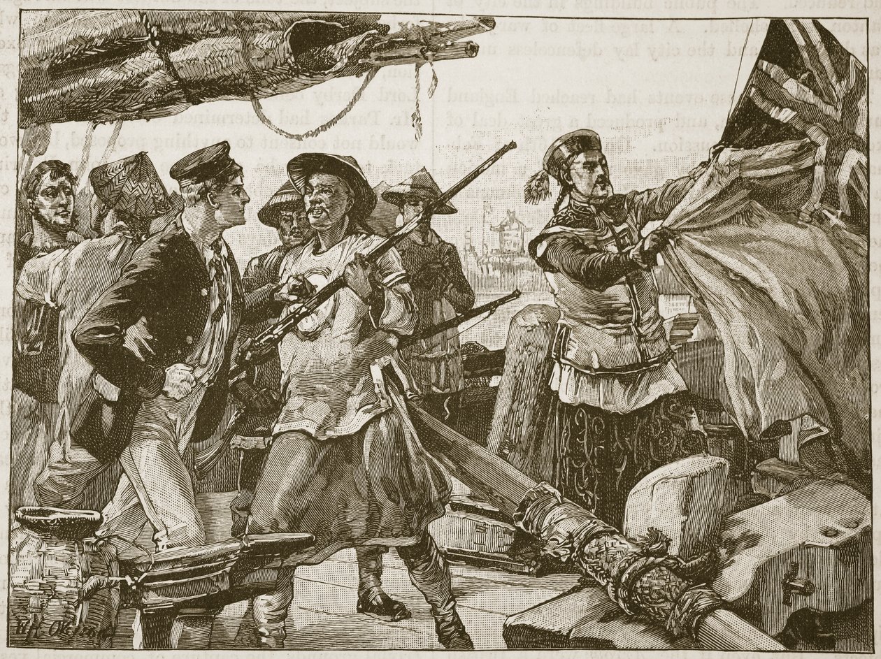 Kiinalaiset upseerit laskemassa Britannian lippua Arrow-aluksella 8. lokakuuta 1856, kuvitus teoksesta "Cassell