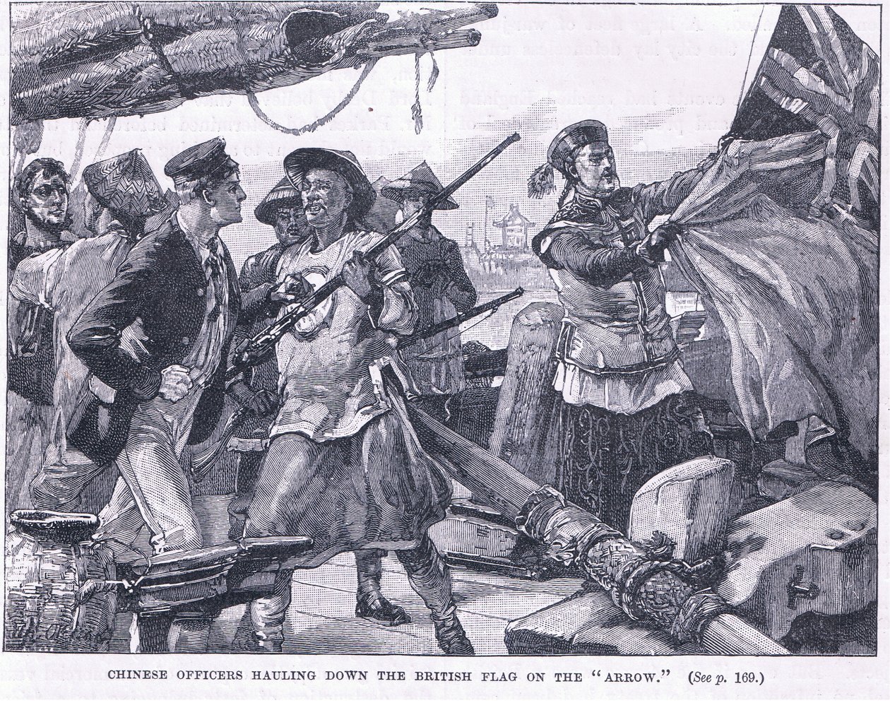 Kiinan upseerit nostamassa Britannian lippua "nuolella" 1856 jKr tekijältä William Heysham Overend
