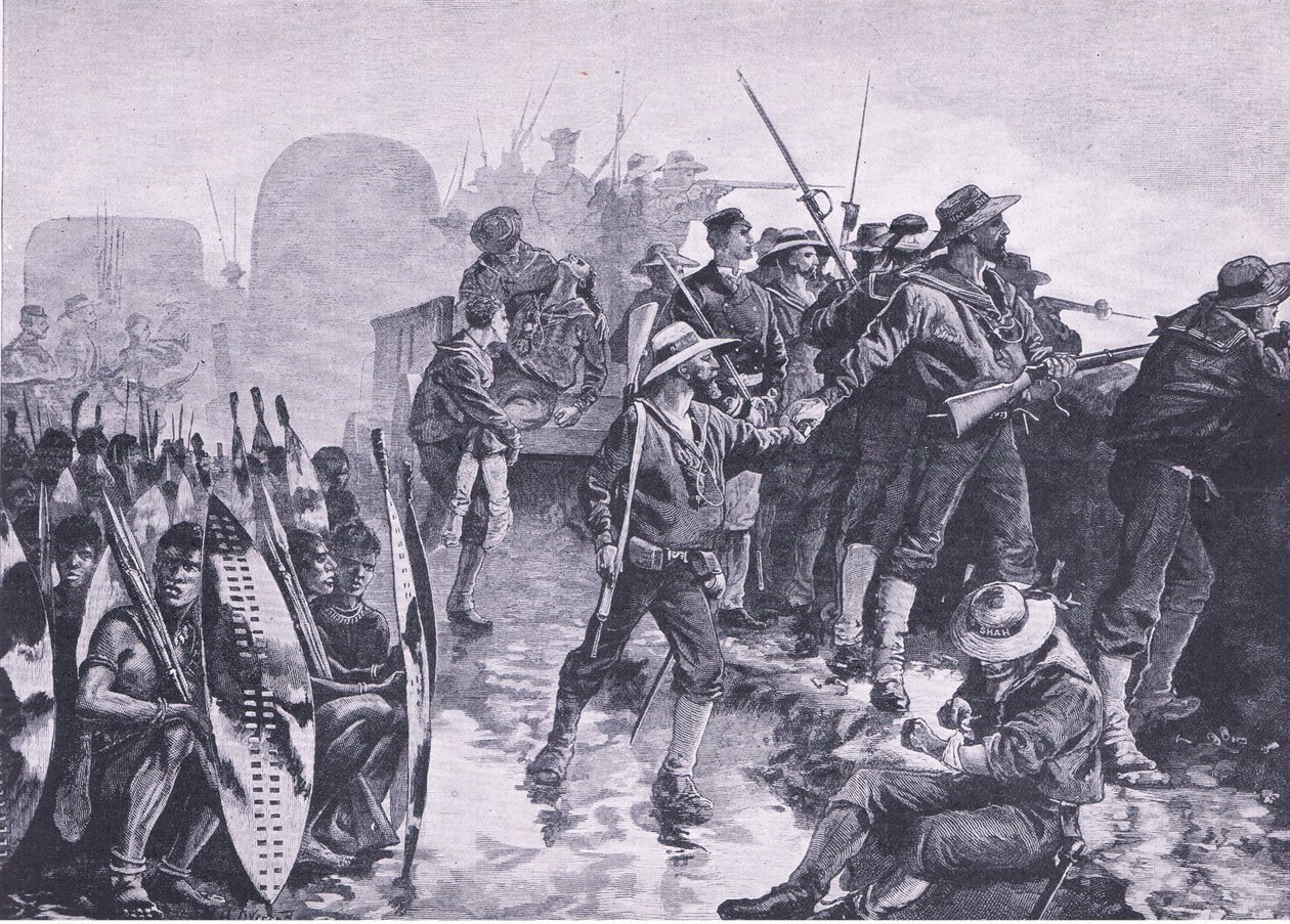 Laagerin puolustaminen zulun hyökkäystä vastaan, kuvitus brittiläisistä taisteluista maalla ja merellä, 1915 tekijältä William Heysham Overend