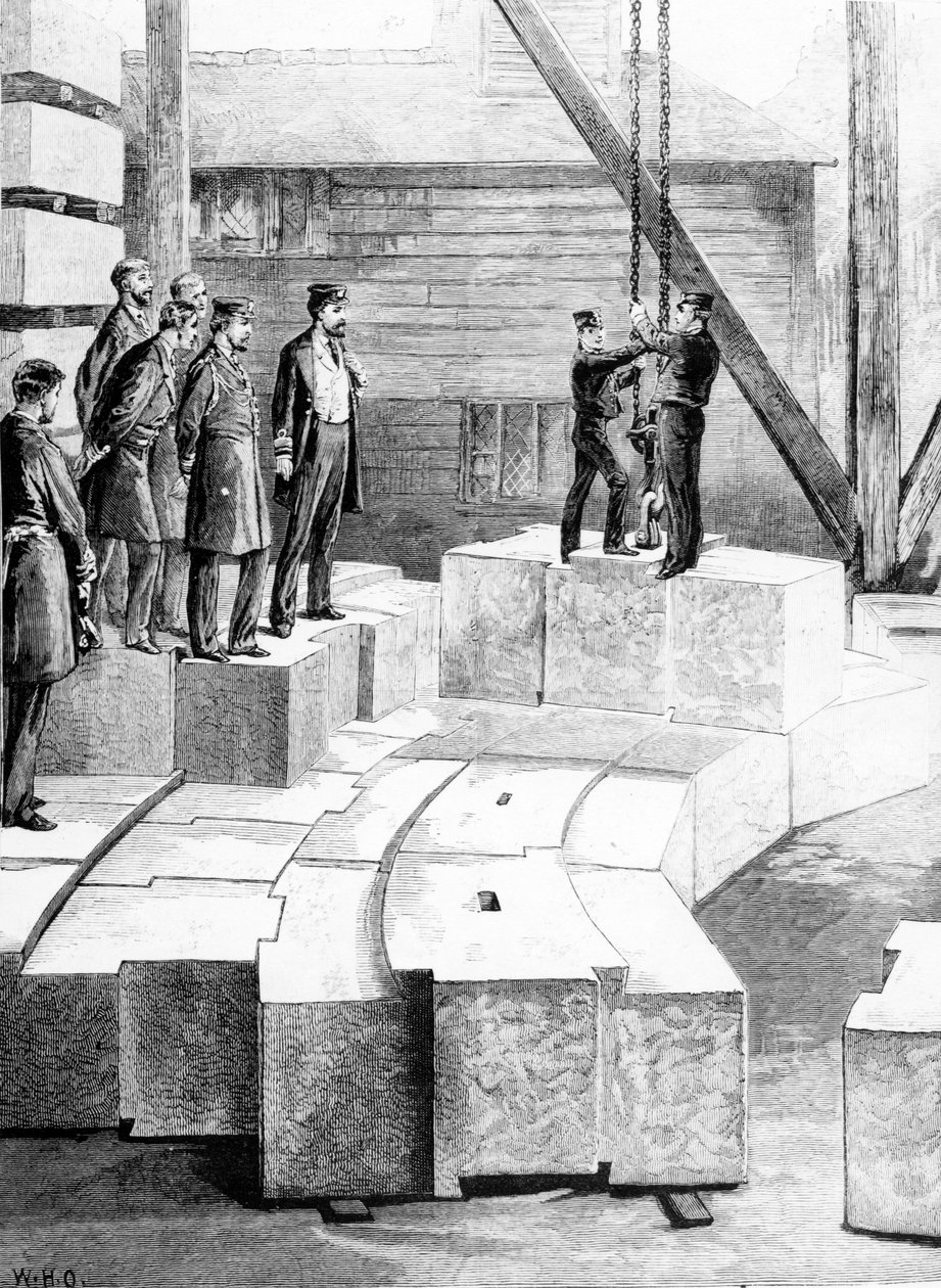 Uusi Eddystonen majakka: The Stone-Cutting Establishment at Oreston, kuvitus The Illustrated London Newsista, 1879 tekijältä William Heysham Overend