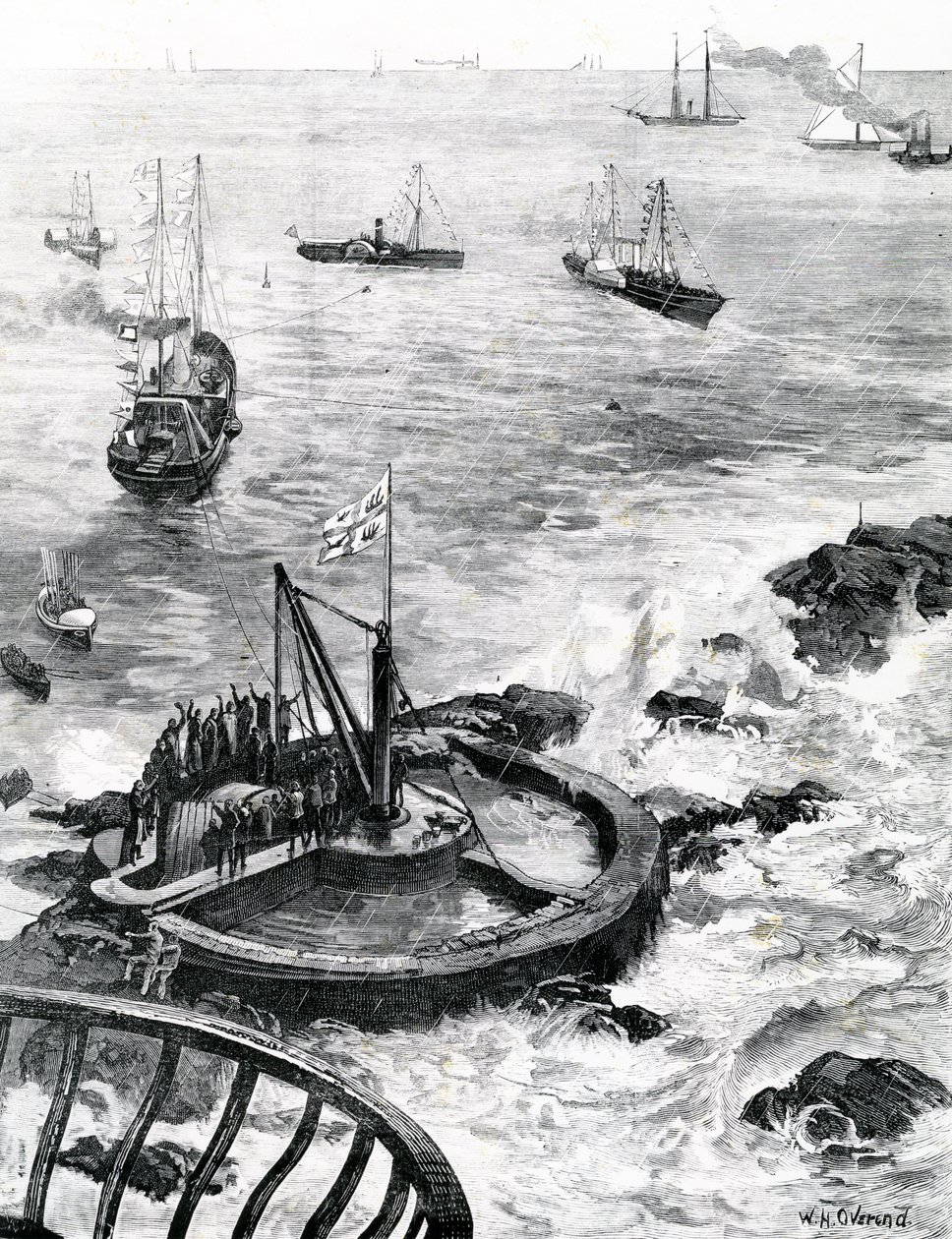Walesin prinssi ja Edinburghin herttua laskemassa uuden Eddystonen majakan peruskiveä, kuvitus The Illustrated London Newsista, 1879 tekijältä William Heysham Overend