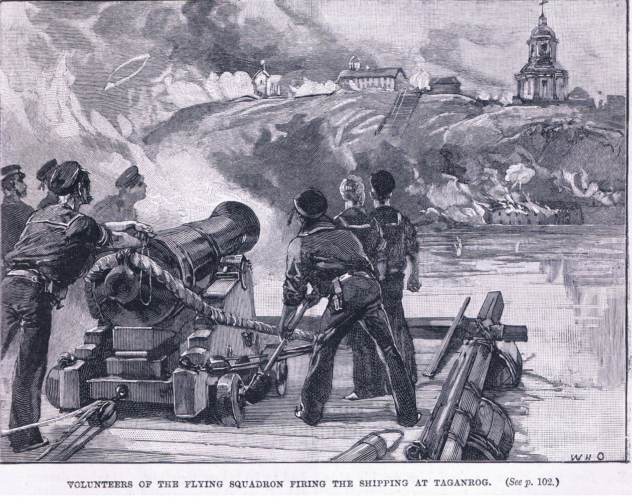 Lentolentueen vapaaehtoiset ampuvat laivaliikennettä Taganrogissa 1855 jKr. tekijältä William Heysham Overend