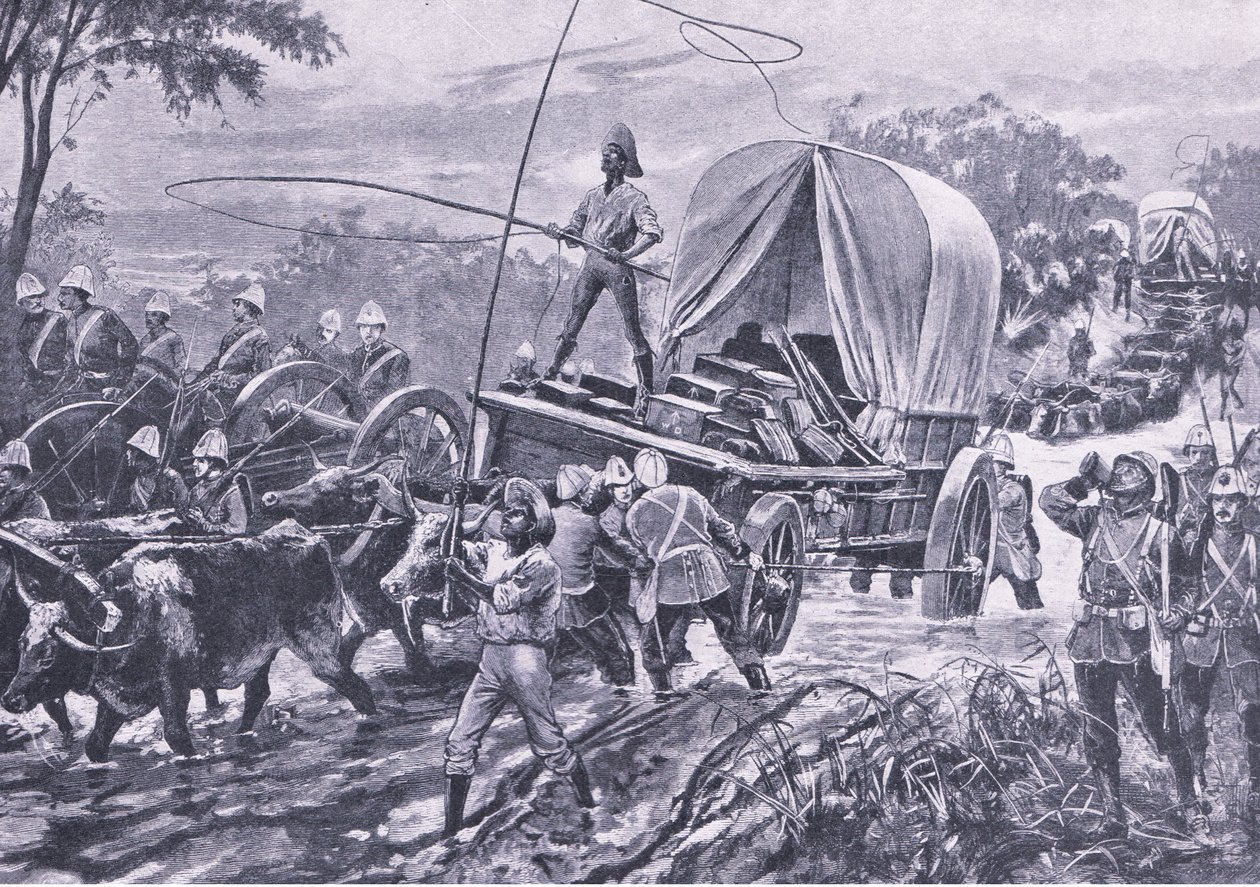 Zulusota: Estowen apujoukot ylittävät puron, huhtikuu 1879, kuvitus teoksesta British Battles on Land and Sea , 1915. tekijältä William Heysham Overend