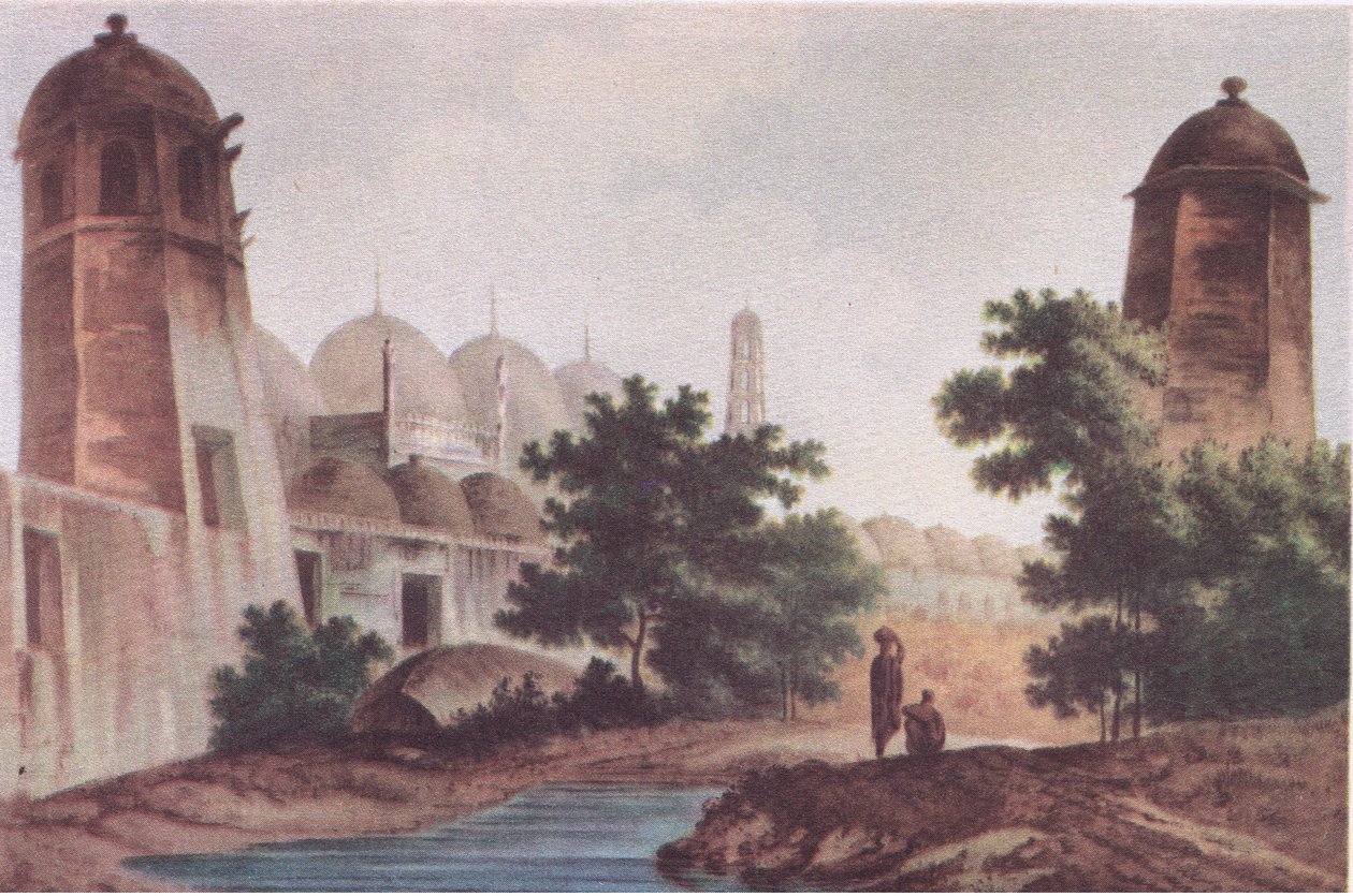 Näkymä Kutran moskeijasta, jonka Mir Jaffier rakensi Murshidabadissa (Select Views in India 1786), Collinsin julkaisemasta British Adventuresta, 1947 tekijältä William Hodge
