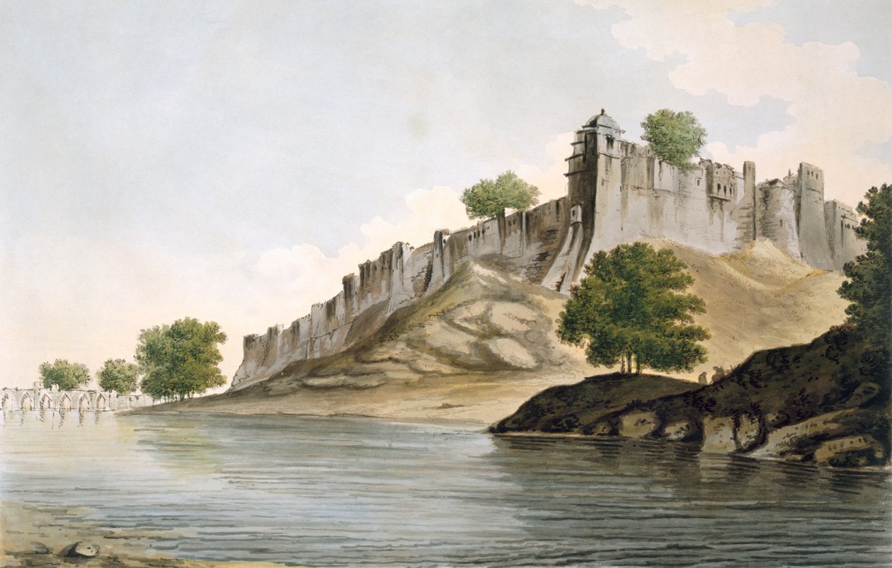 Näkymä Ilionpoorin linnakkeelle Goomty-joen rannalla, pubi. 1785-88. tekijältä William Hodges