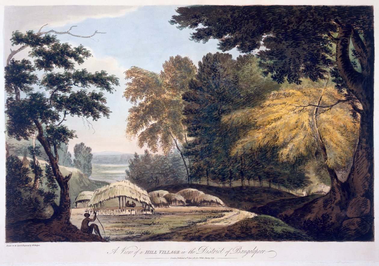 Kukkulakylä Bauhelepoorin alueella, 1787 (akvatintta) tekijältä William Hodges