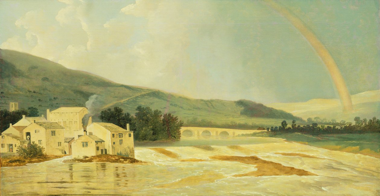 Otley Bridge on the River Wharfe (öljy kankaalle) tekijältä William Hodges