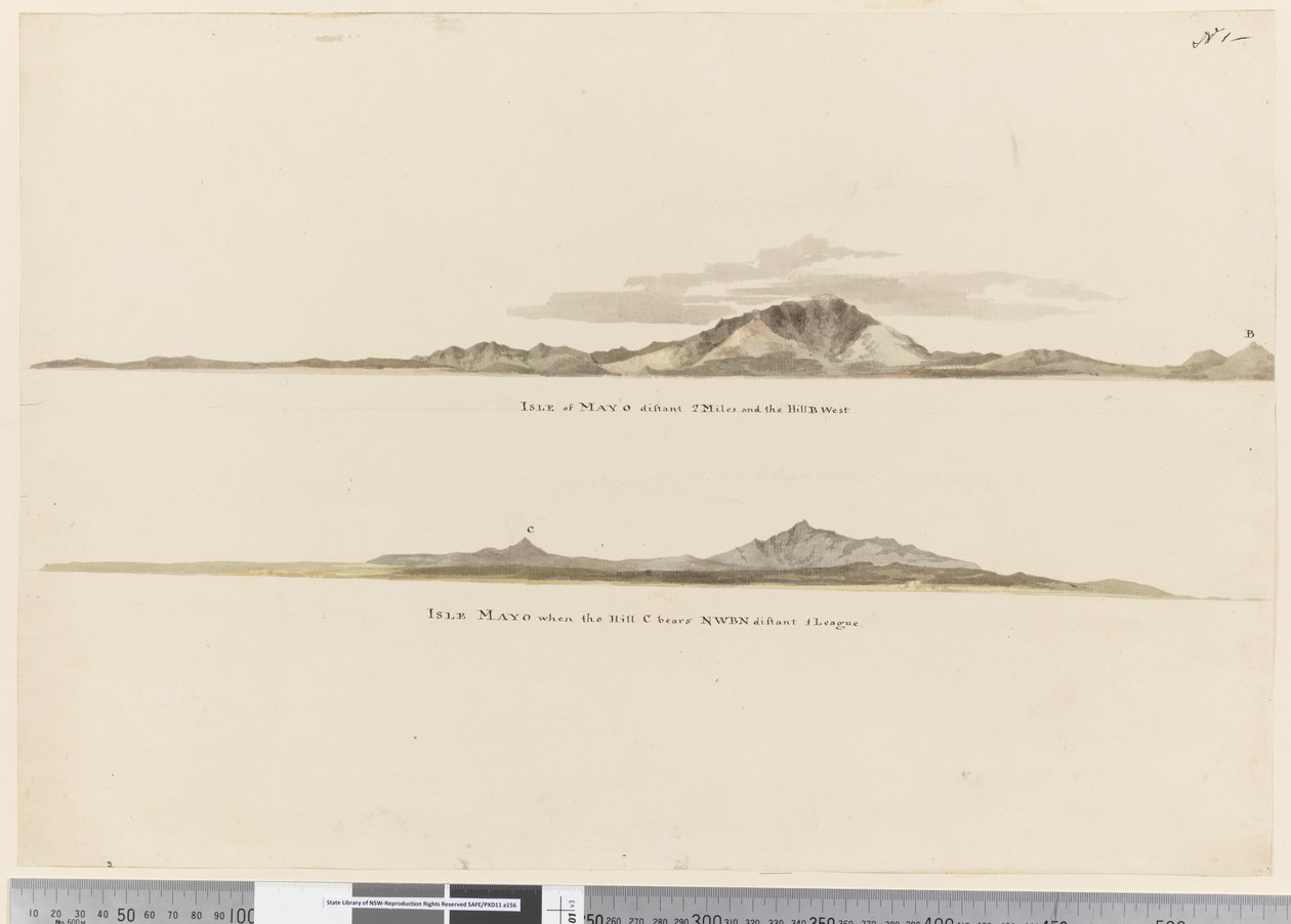Page 1 a) Kap Verden saarten Mayon saaren rannikon profiili. b) Mayon saaren Kap Verden rannikon profiili luoteeseen katsottuna tekijältä William Hodges
