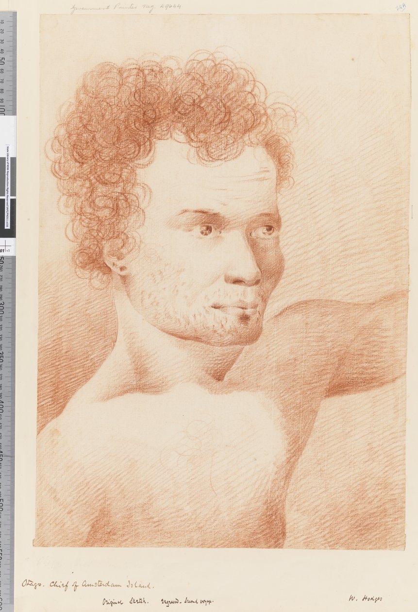 Sivu 24a Otago, Amsterdamin saaren päällikkö, 1768-75 (punainen ja valkoinen liitu) tekijältä William Hodges