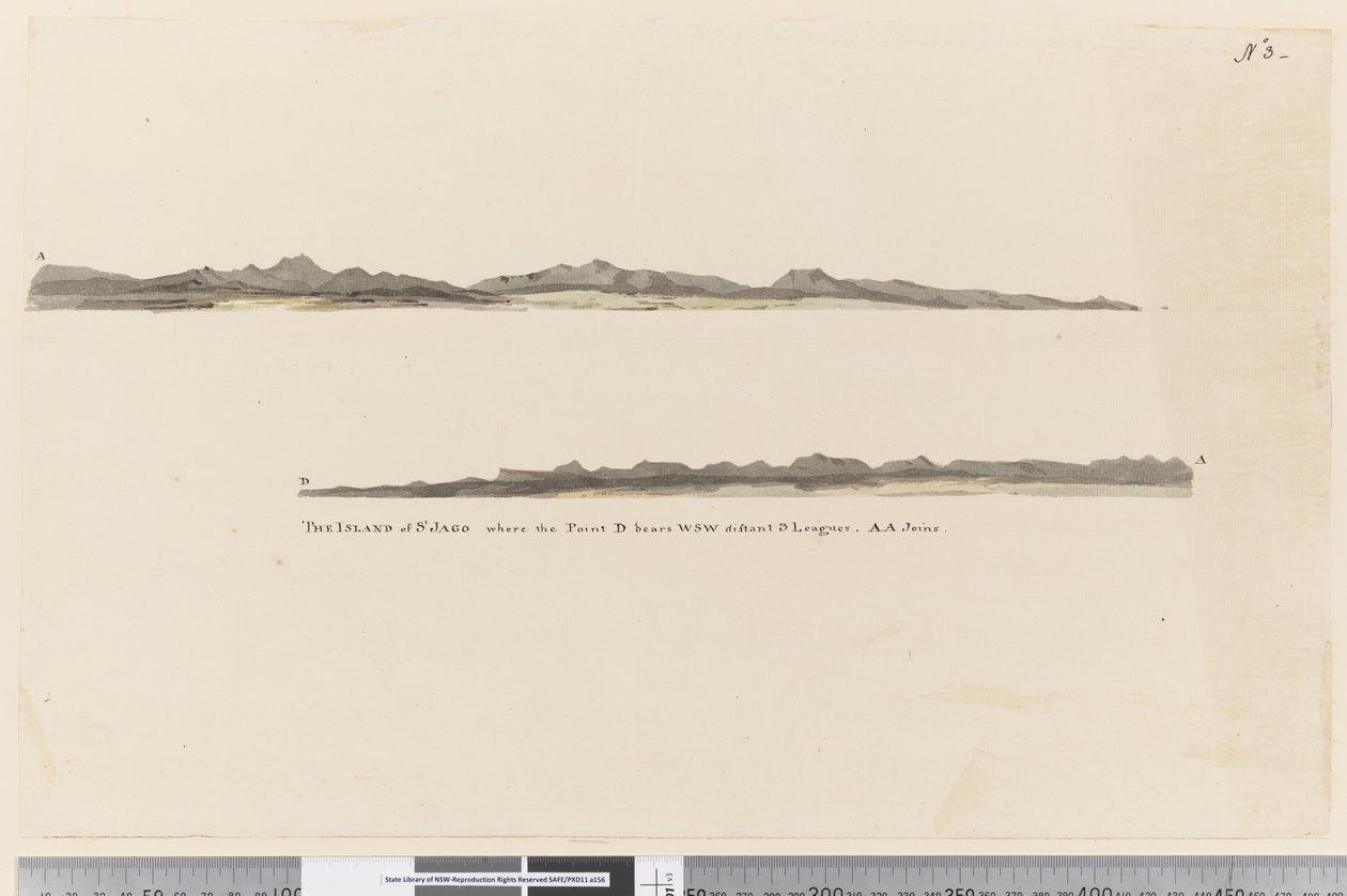 Page 3 Kap Verden saaren St. Jagon saaren profiili. Nimellä The Island of St Jago, jossa piste D kantaa WSW kaukaisia 3 liigaa. AA liittyy tekijältä William Hodges