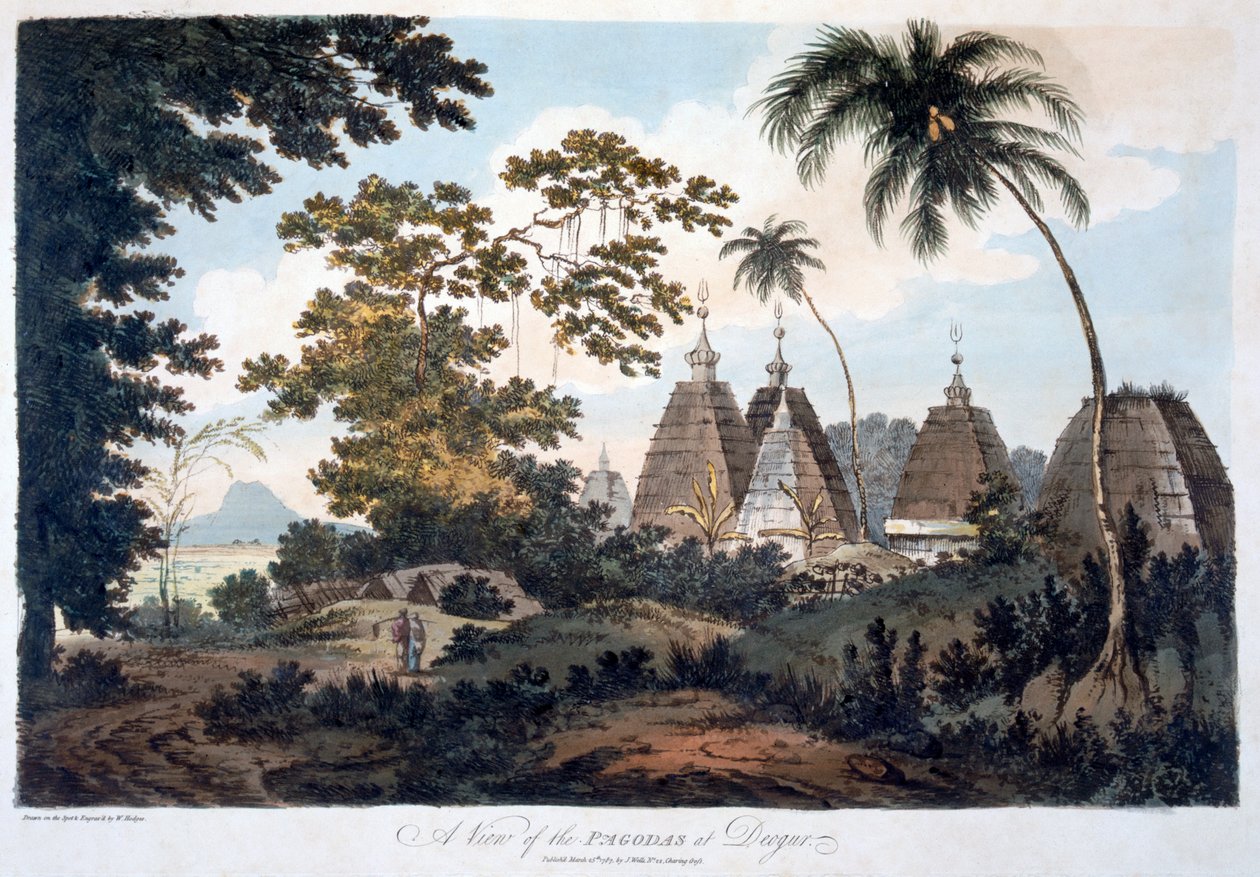 Pagodit Deogurissa, 1787 (akvatinta) tekijältä William Hodges