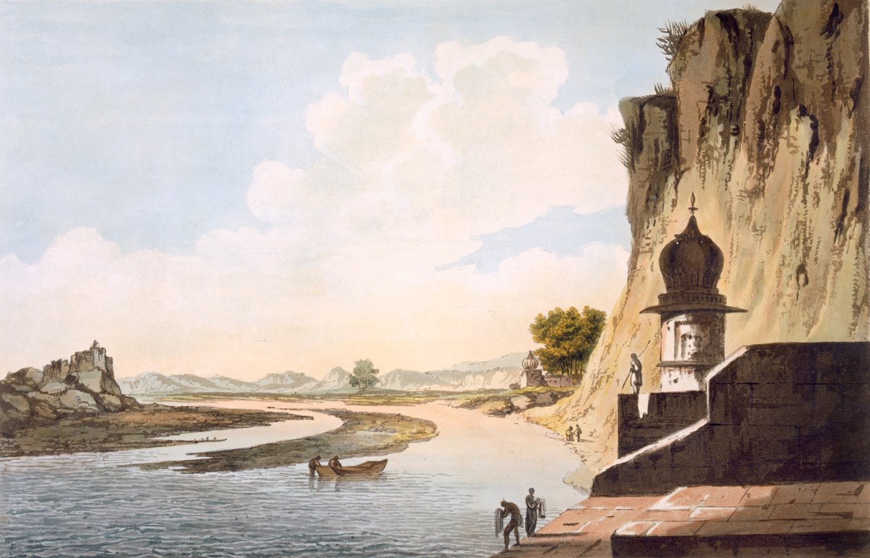 Pl. 26 Näkymä Gautille Etawassa, Jumna-joen rannalla, "Select Views in India", pub. 1785-88 (värillinen etsaus akvatintalla) tekijältä William Hodges