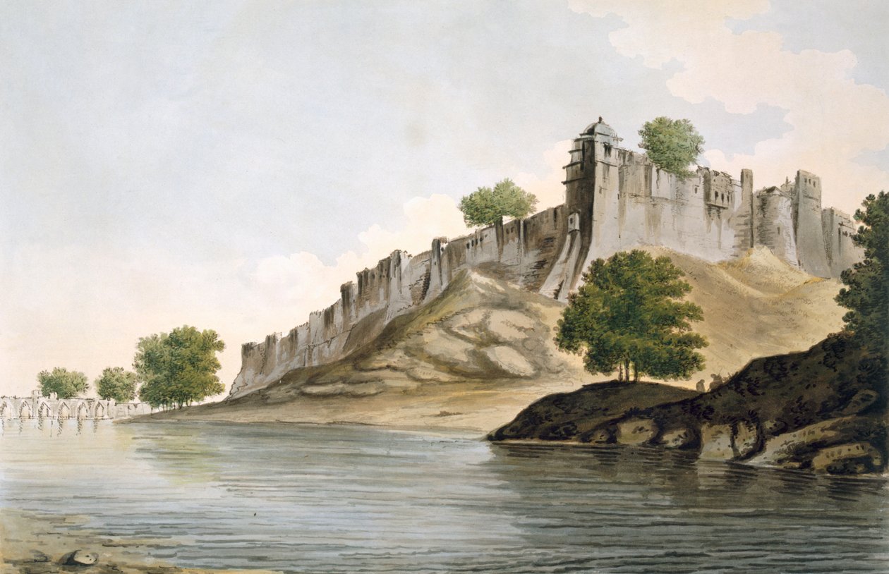Pl. 33 Näkymä Ilionpoorin linnakkeesta Goomty-joen rannalla julkaisusta Select Views in India, pub. 1785-88 (värillinen etsaus akvatintalla) tekijältä William Hodges