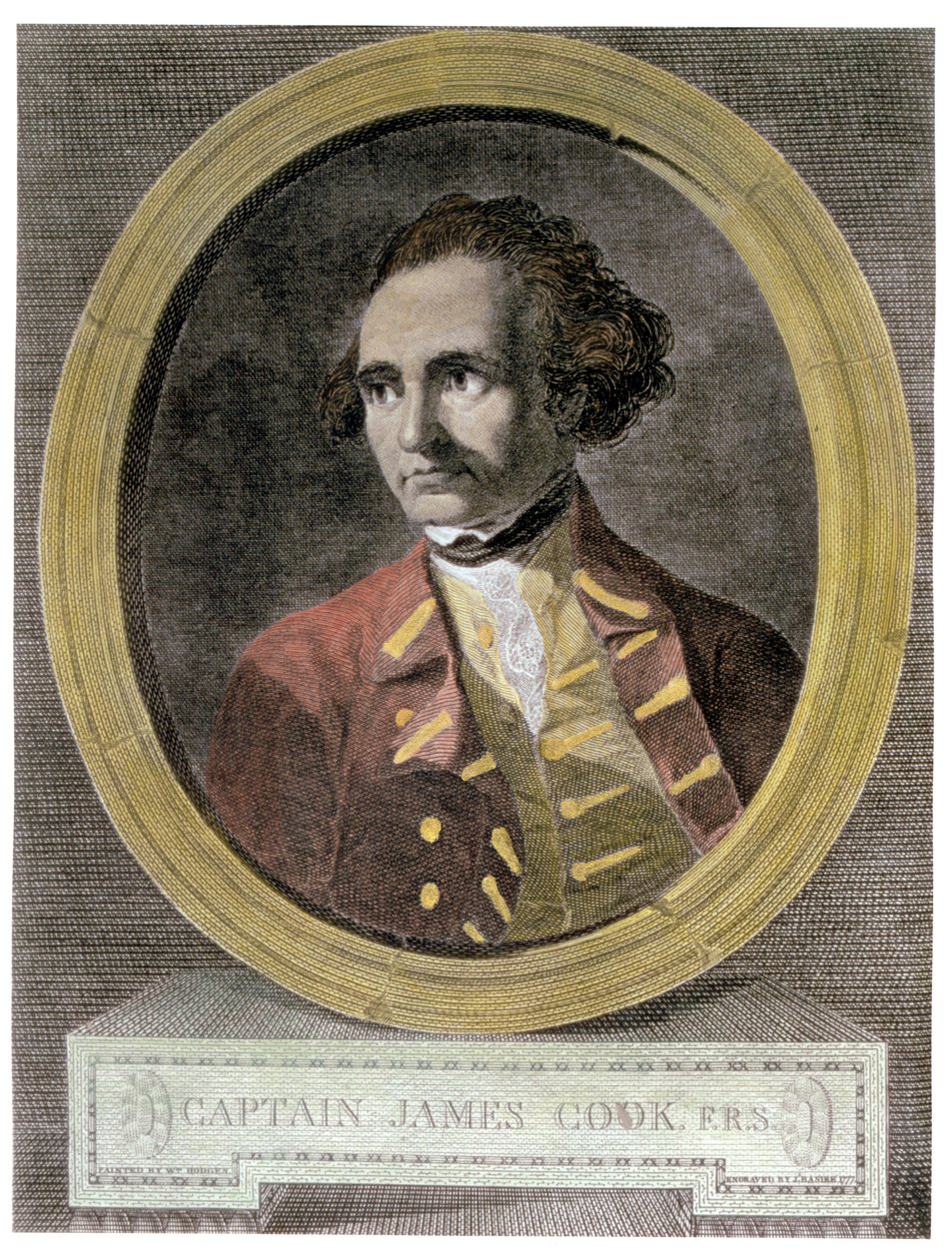 Kapteeni James Cookin (1728-79) muotokuva "Matka maailman ympäri etelänavalle" -elokuvan etuosasta (myöhempi väritys) tekijältä William Hodges
