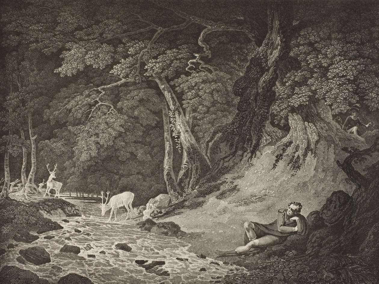 Ardenin metsä, näytös II, kohtaus I, "As You Like It", Boydell Shakespeare Gallerysta, julkaistu 1800-luvun lopulla tekijältä William Hodges
