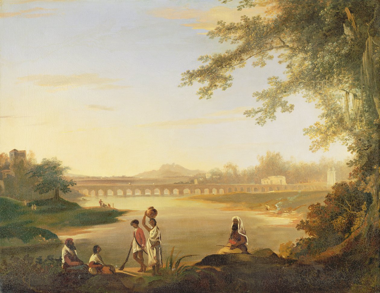 Marmalongin silta, jossa Sepoy ja alkuperäisasukkaat etualalla, n. 1783 tekijältä William Hodges