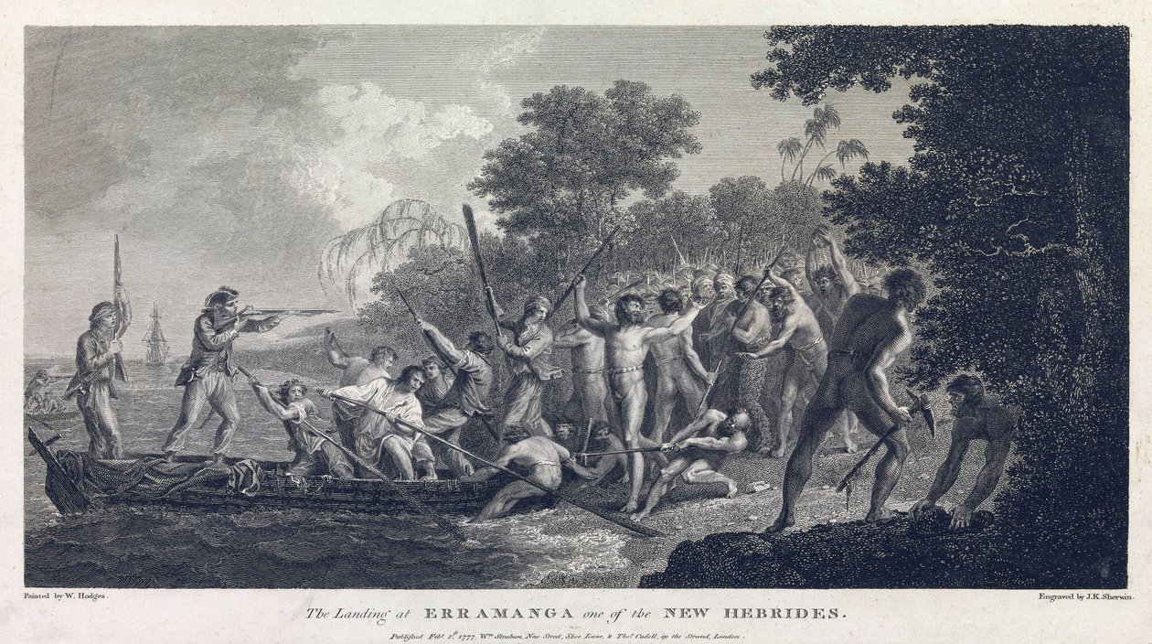 Rantautuminen Erramangaan (tai Eromangaan), joka on yksi Vanuatun (entiset Uudet Hebridit, saaristo Tyynellämerellä) saarista, jossa kanootin miehistö taistelee saaren sotureita vastaan. tekijältä William Hodges