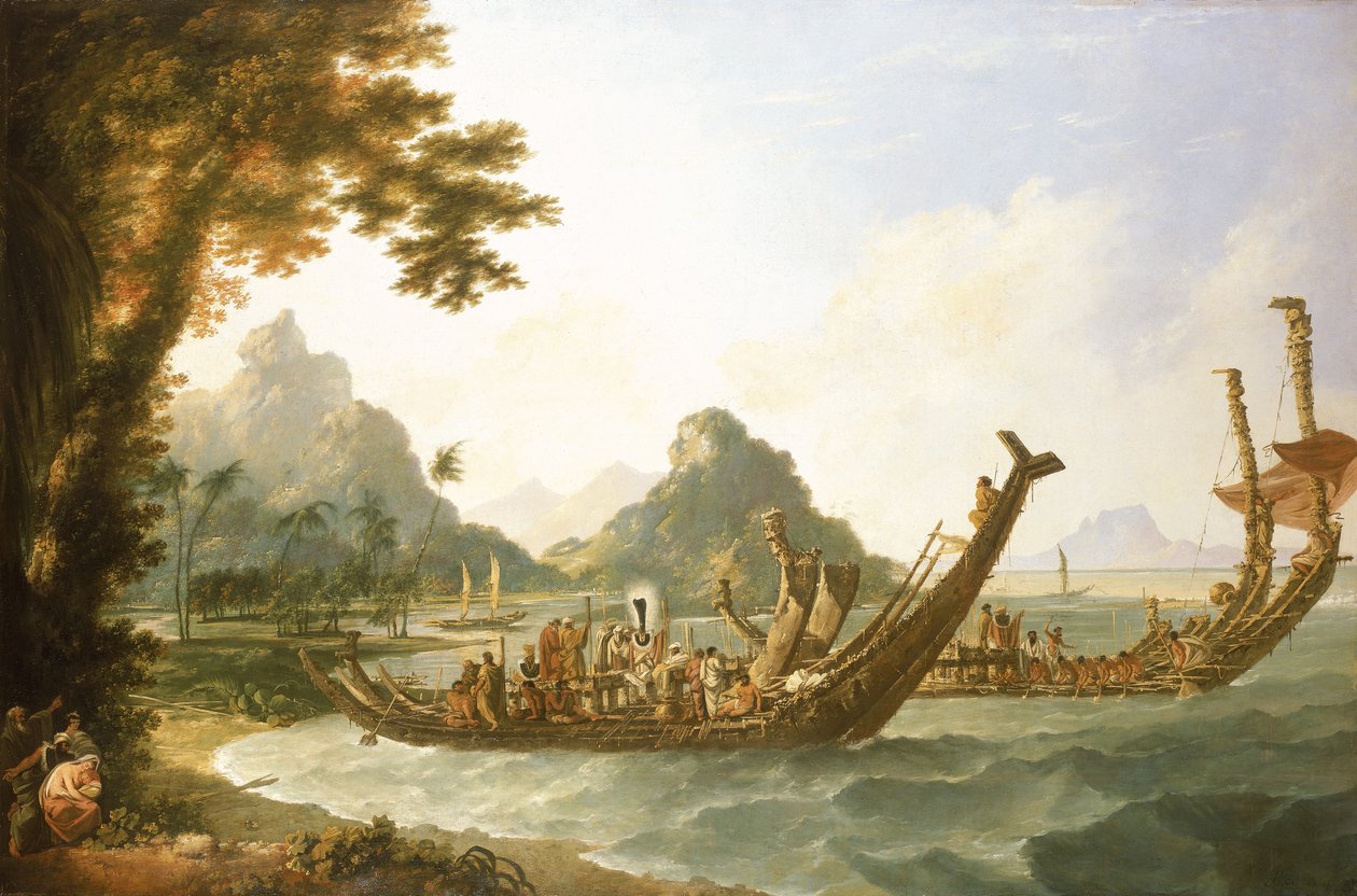 Otaheiten saaren (Tahiti) ja Seurasaarten sotalaivat, näkymä Ohanenenon sataman osaan Ulietan saarella, joka on yksi Seurasaarista. tekijältä William Hodges